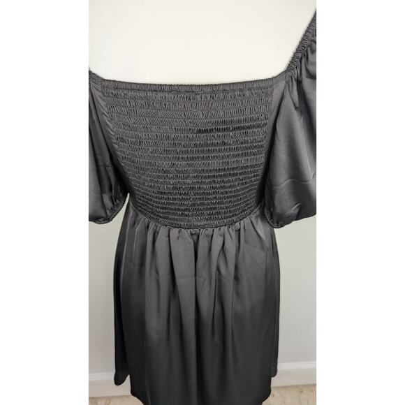 EXPRESS S Black Satin Puff Sleeve Dress Smocked Back Twist Front Conscious Edit - Picture 4 of 7